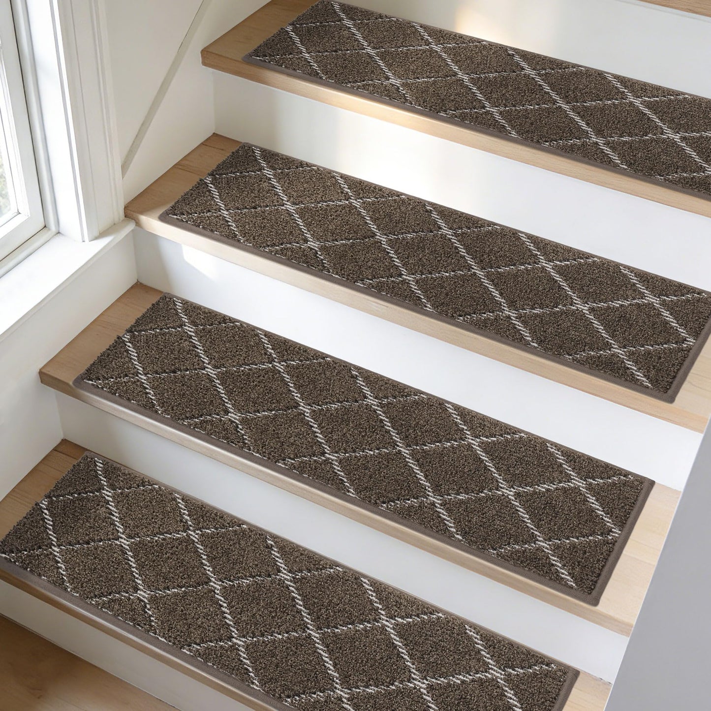 BEQHAUSE Stair Treads Non Slip Stair Runners for Wooden Steps Machine Washable Stair Rugs Soft Polyester Stair Runner Mats for Dogs Kids Brown Carpet Stair Treads,4PCS