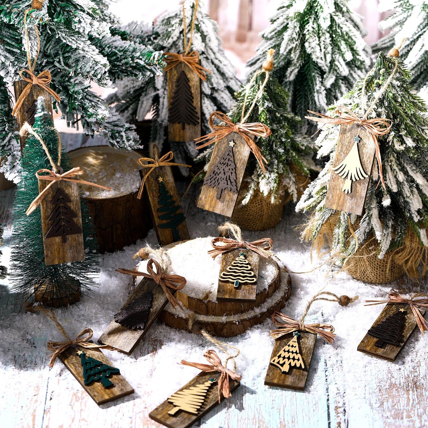 Civaner 24 Pcs Rustic Christmas Tree Ornaments Farmhouse Ornaments for Tree Natural Wooden Label Hanging Decorations for Home Office Fireplace Wreath Garland Winter Holiday Xmas Party Decor(Brown)