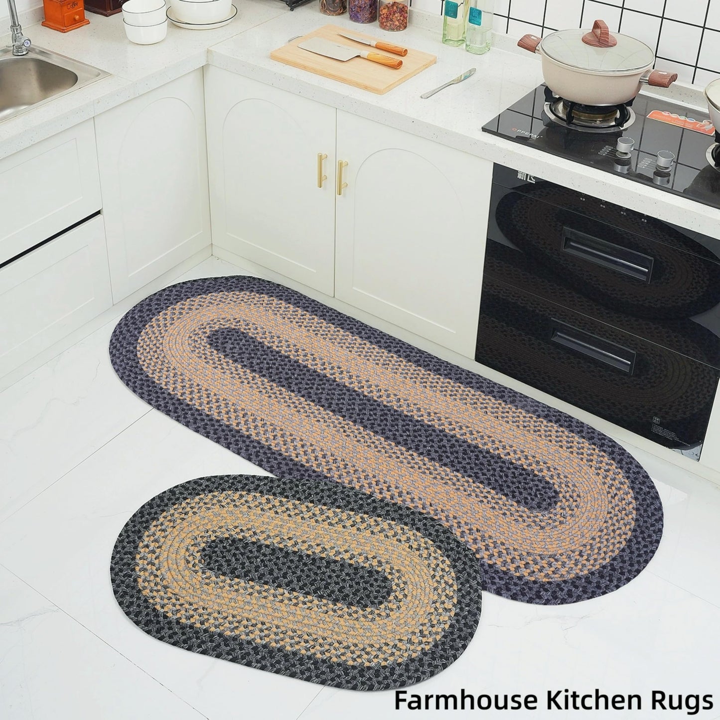 RCTJHOME 2x3 Oval Braided Entryway Rug, Farmhouse Kitchen and Floor Mat for Indoor/Outdoor Use, Door Mat with Anti-Slip Pads for High Traffic Areas, Rope Rug Without Rubber, Brown with Black