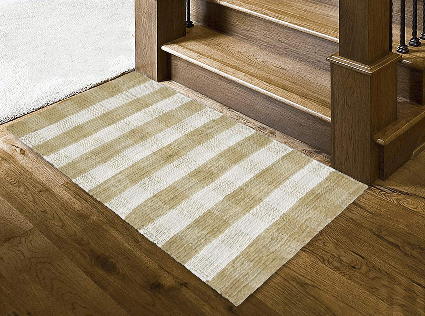 GLAMBURG Cotton Buffalo Check Plaid Washable, Handwoven Checkered Welcome Door Mat 18x30 for Kitchen Bathroom Outdoor Porch Laundry Living Room, Farmhouse Reversible Rag Rug Beige Natural