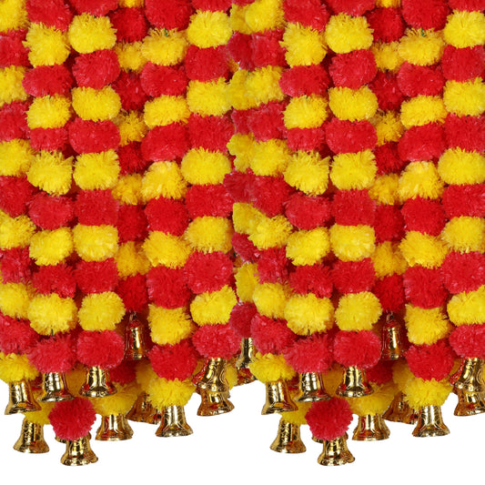 Marubhumi 5-PC Artificial Marigold Flower Garland – 4.5 Feet Long Strands with Bells | Yellow & Red | Diwali, Wedding, Home & Christmas Décor