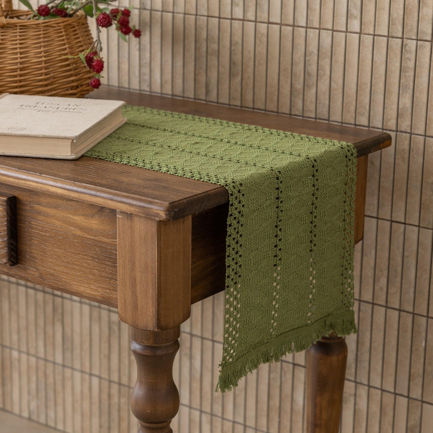 Keketoarrange Boho Sage Green Table Runner for Spring Home Decorations 12x72 Inches Farmhouse Small Macrame Woven Burlap Rustic Coffee Dresser Table Runner Dining Kitchen Centerpiece Bohemian Decor