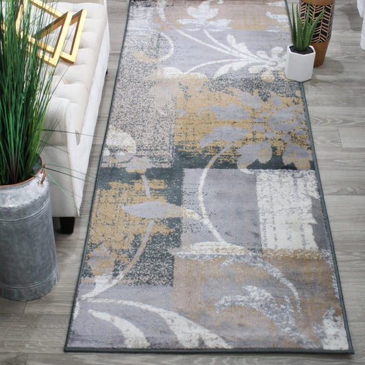 SUPERIOR Indoor Area Rug with Jute Backing, Perfect for Living Room, Hallway and Bedroom. Hardwood Floor Decoration Pastiche Contemporary Floral Patchwork Carpet, 2.7 ft. x 8 ft., Camel