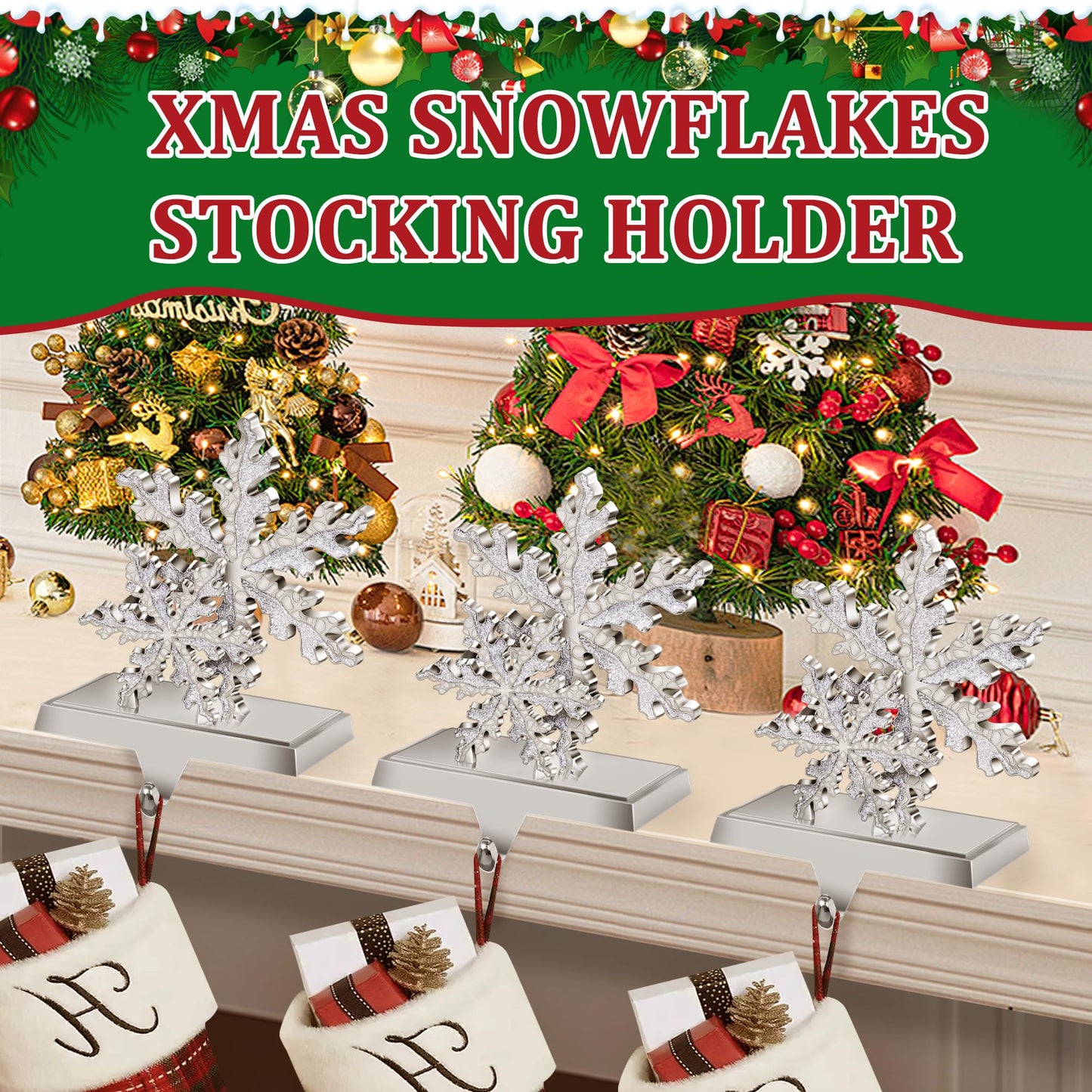 Loncaster Stocking Holders for Mantle Set of 2, Snowflakes Christmas 3D Stocking Hangers for Mantel with Shiny Metal & Glitter, Christmas Stocking Holder for Fireplace, Shelf, Tabletop (Sliver)