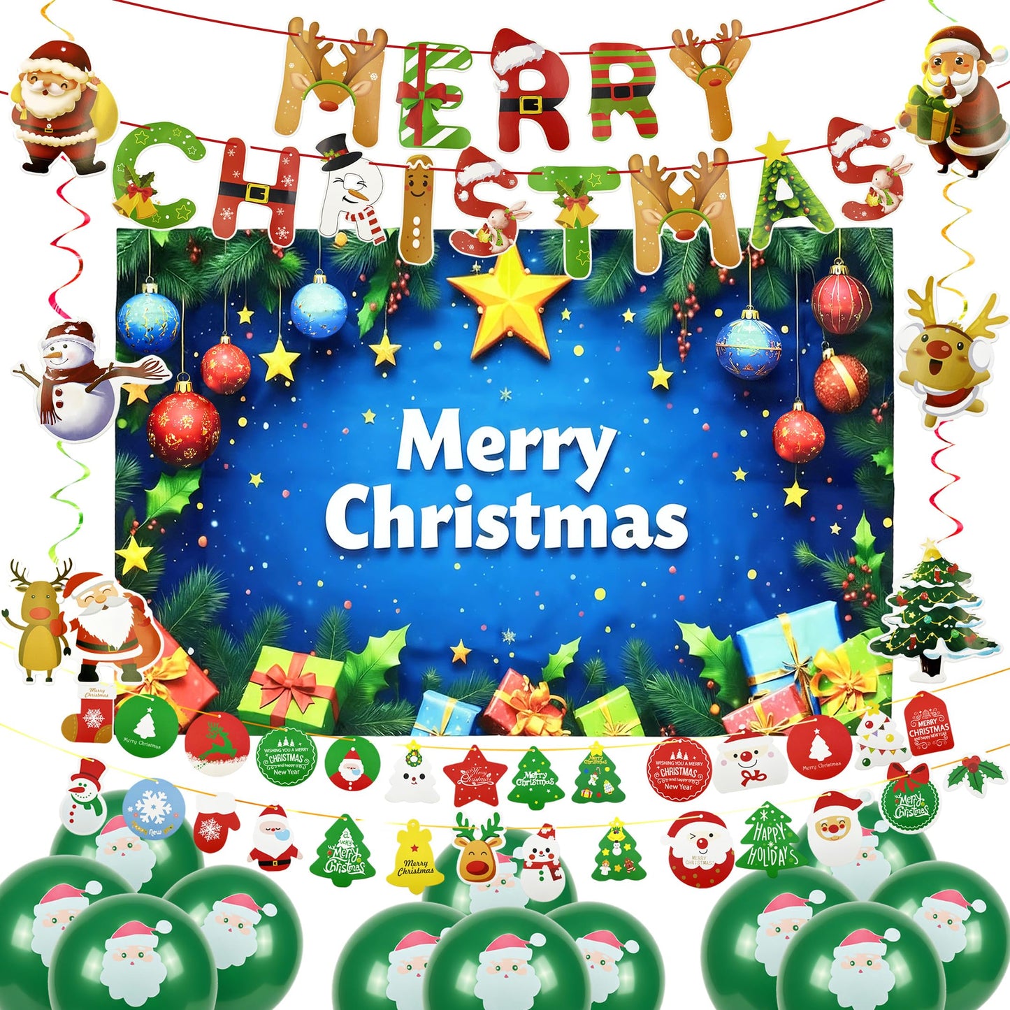 Christmas Party Decoration Set, Merry Christmas Banner with Red Green Swirls, Santa Claus Snowman Hanging Decor for Holiday Home Indoor Party (Christmas 3)