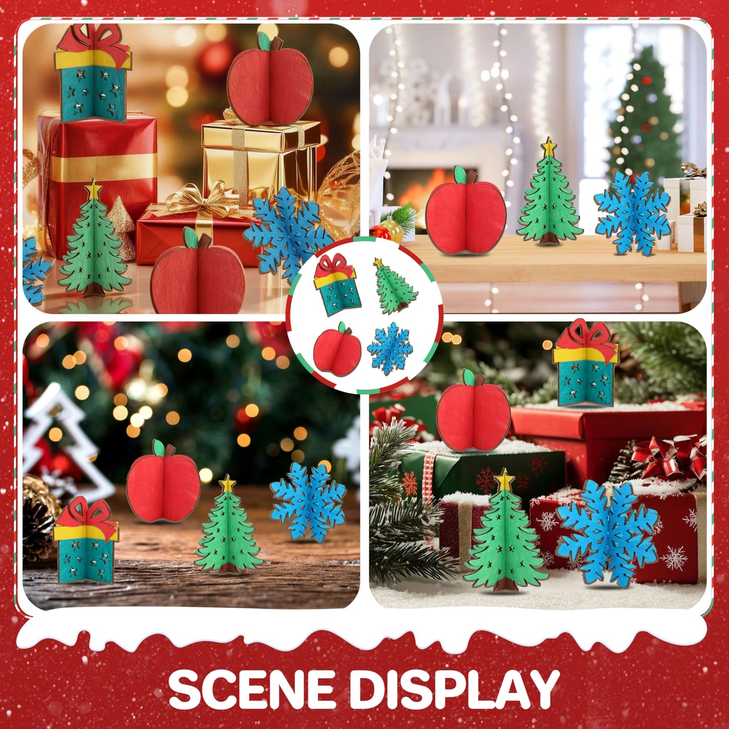 BENIMUS DIY 3D Christmas Wood Crafts to Paint, Unfinished Wooden Table Decorations, Wooden Slices Christmas Decor Cutouts Ornaments for Painting Decorations (32 PCS)