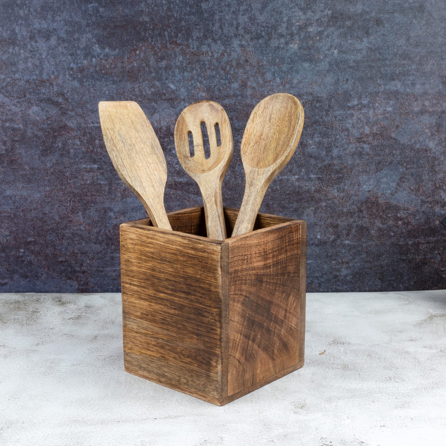 Samhita Mango Wood Burning Finished Kitchen Utensil Holder for Countertop, Utensil Holder Container for Kitchen Cooking Utensil. ( 5"x 5"x 6")