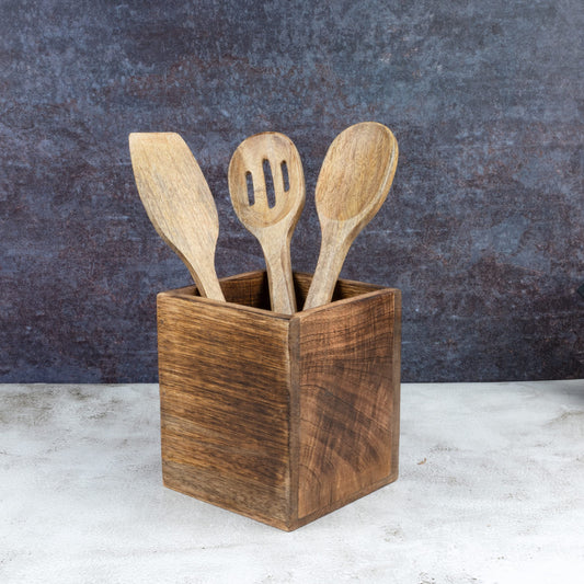 Samhita Mango Wood Burning Finished Kitchen Utensil Holder for Countertop, Utensil Holder Container for Kitchen Cooking Utensil. ( 5"x 5"x 6")