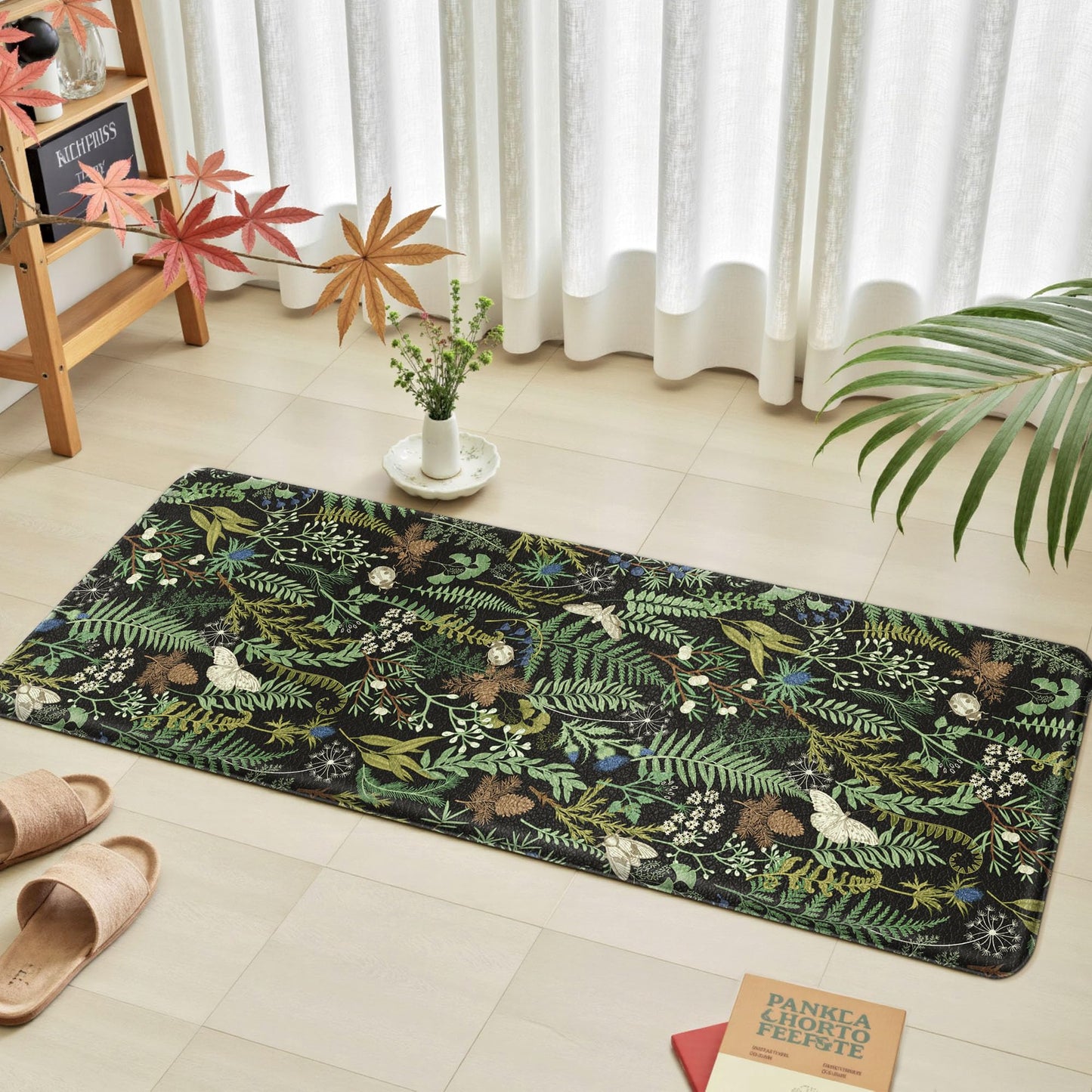 Black Green Botanical Kitchen Rugs Set of 2 Plant Leaf Anti-Fatigue Kitchen Mat Natural Comfort Standing Waterproof PVC Mats 2/5" Thick Leather Carpet for Laundry Office Sink(17.3" x28" + 17.3" x 47")