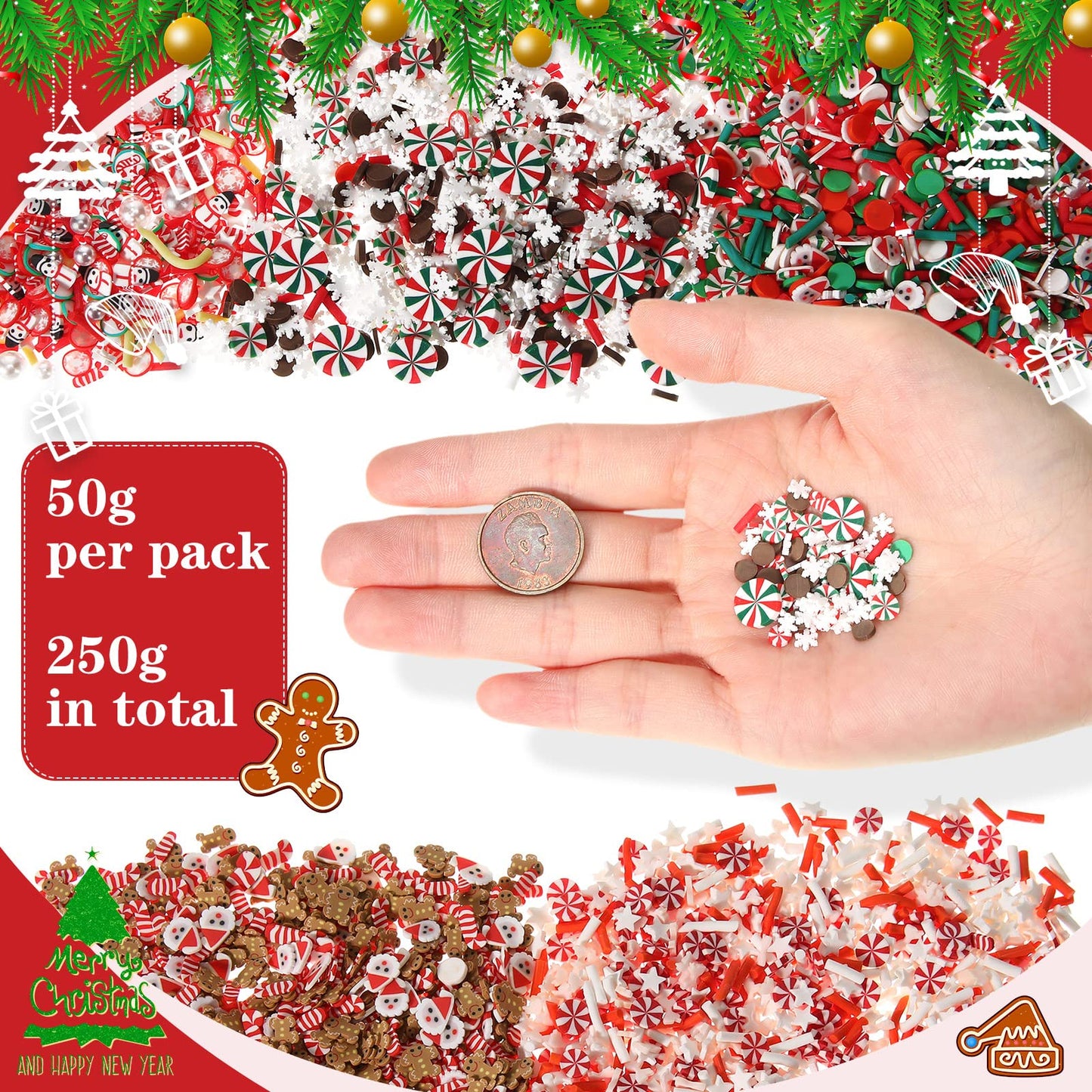 BBTO 250 Grams Christmas Fake Chocolate Candy Sprinkles Tiny Polymer Clay Embellishments Xmas Polymer Slices Soft Clay DIY Decoration for Resin Nail Scrapbook Charm DIY Art Crafts Making Supply
