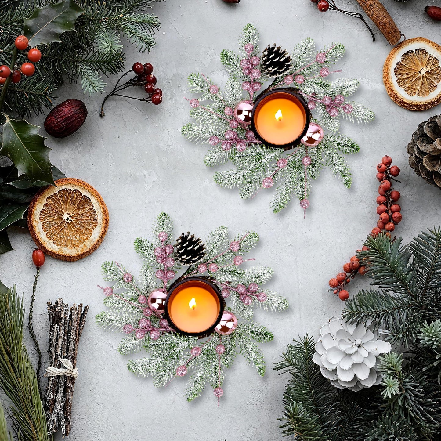 Christmas Candle Rings Wreaths,8" Small Wreaths for Kitchen Cabinet with Balls,Pine Cones,Pine Needles and Berries for Home Christmas Table Centerpiece Decorations (4, Pink)