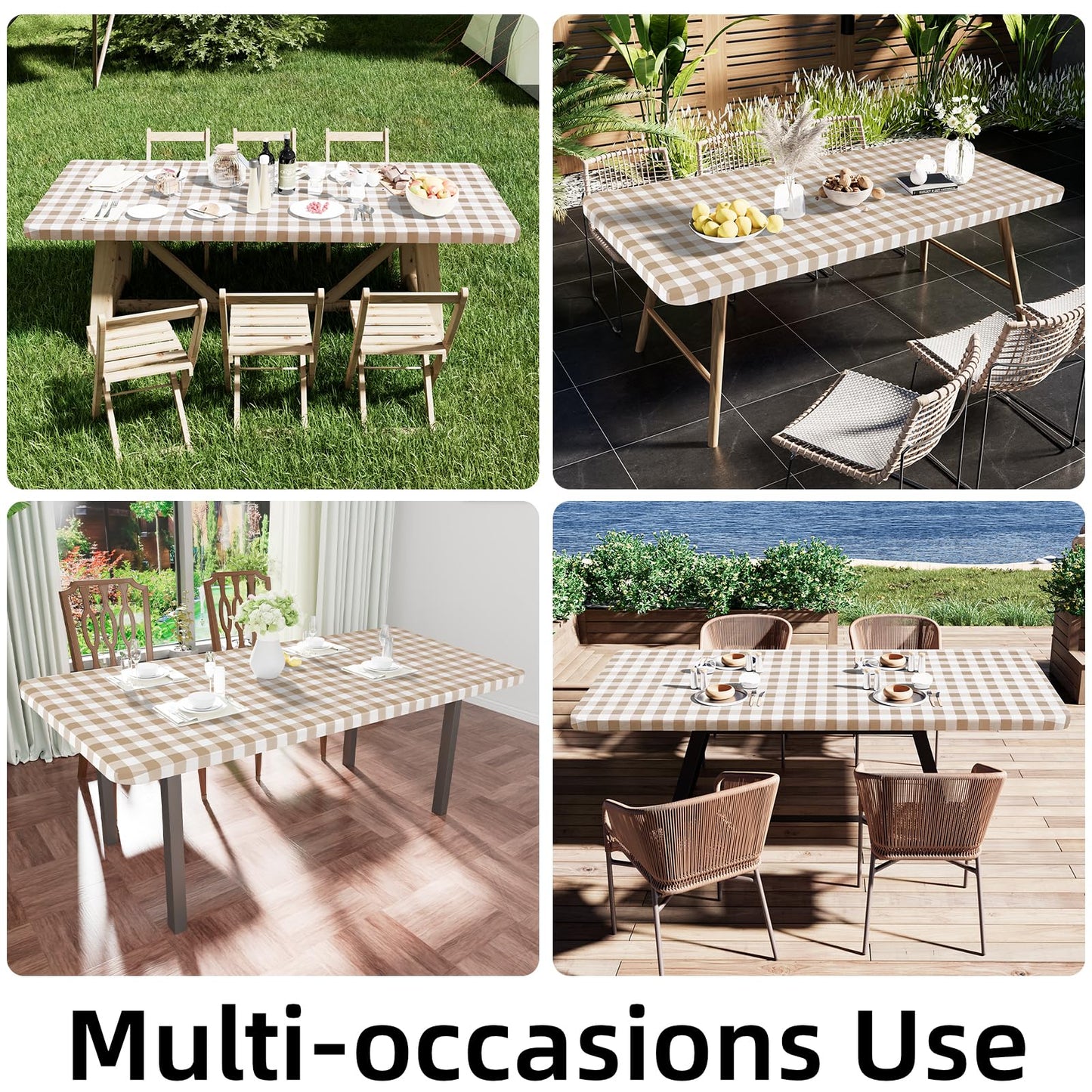 Smiry Rectangle Picnic Table Cloth, Elastic Waterproof Fitted Vinyl Tablecloths, Flannel Backed Buffalo Plaid Table Covers for Dining, Camping, Outdoor (White and Khaki, 30" x 72")