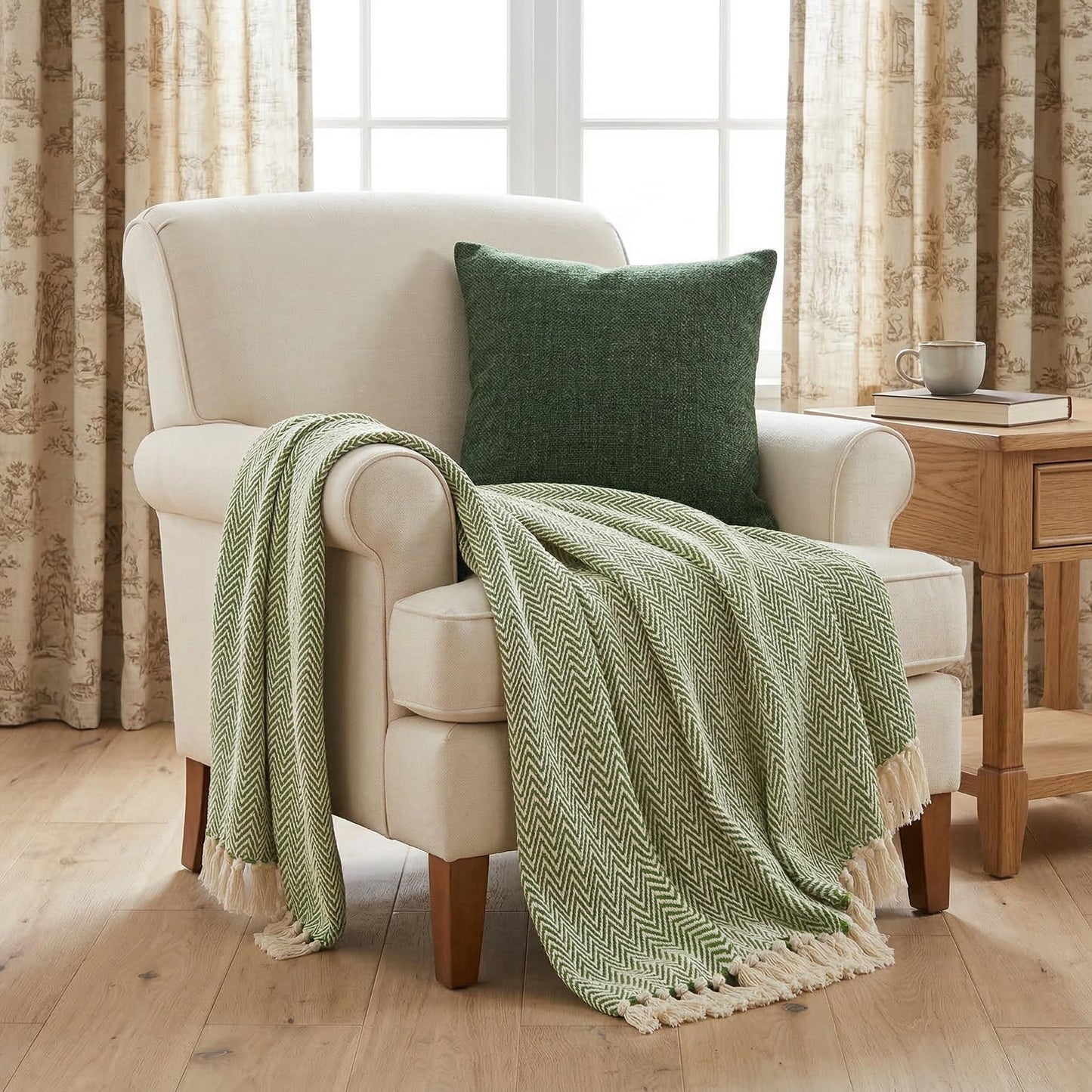 Americanflat 50x60 Throw Blanket - Soft and Breathable Cotton Throw Blanket for Couch, Bed, Chair - Decorative Blankets Perfect for Home, Office, or Outdoor Use - Sage and Beige Herringbone Design