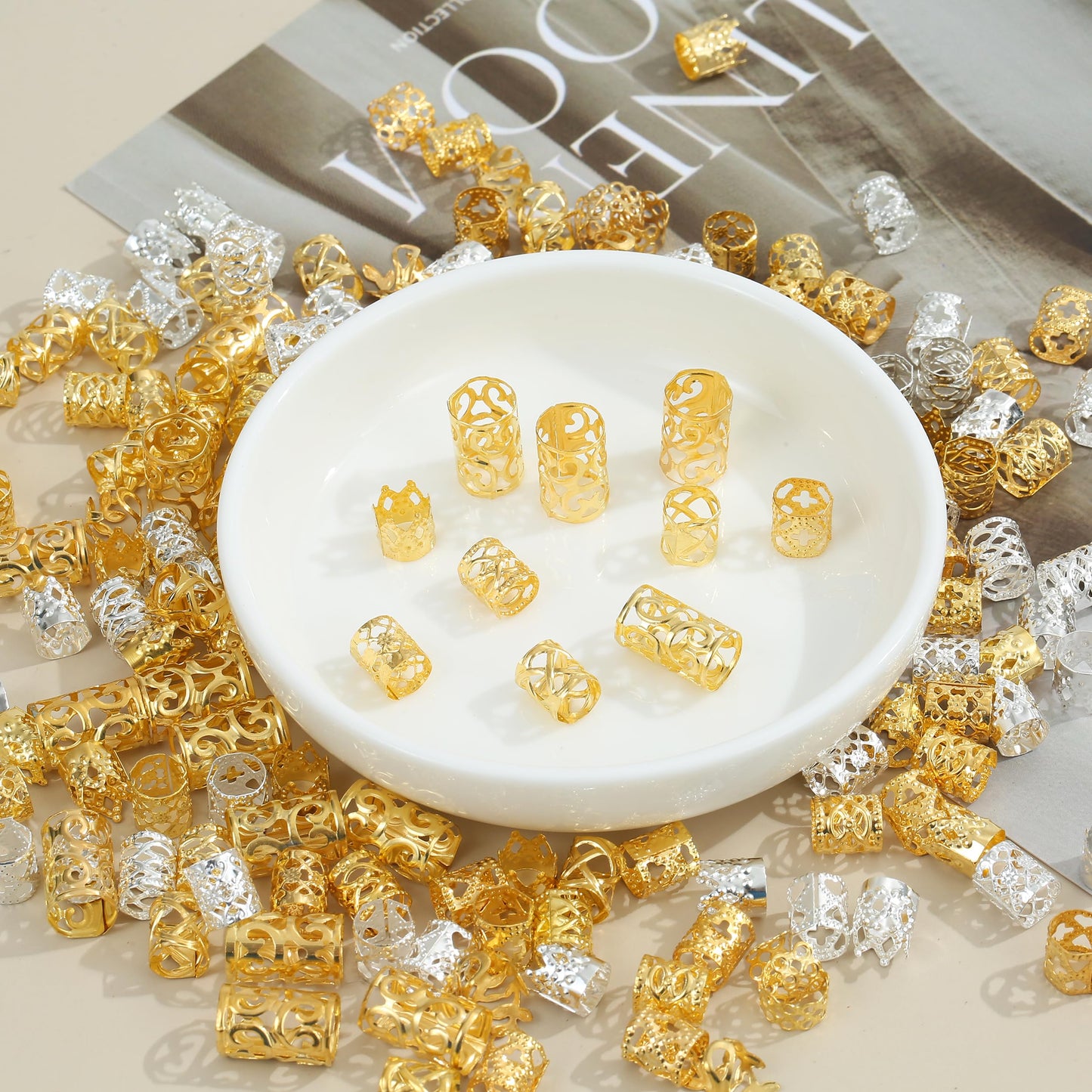MODASER 220 Pcs Gold Hair Jewelry for Braids, 12 Styles Gold and Silver Hair Accessories Cuff for Braids and Dreadlocks, Adjustable Metal Rings Cuffs Clips for Dreadlock Accessory Jewelry Decorations