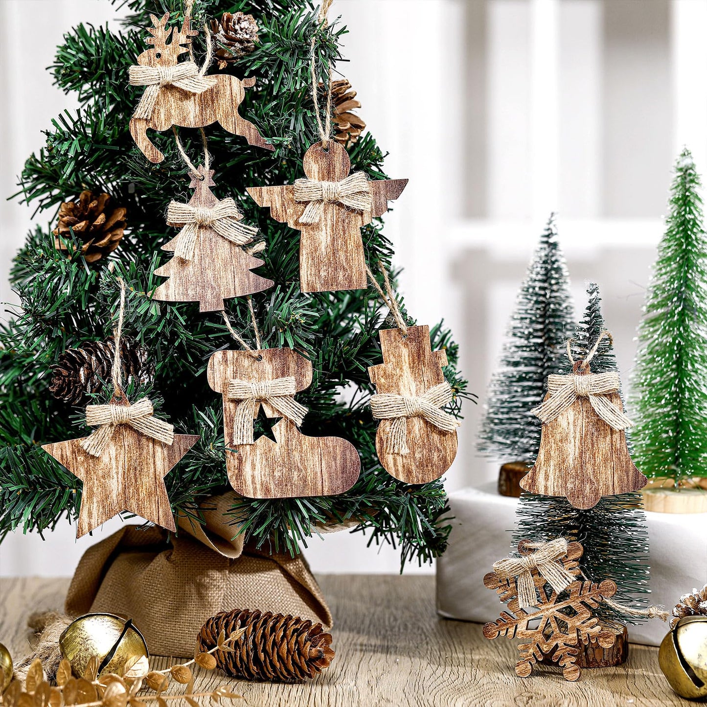 Lineshading 8 Pcs Rustic Christmas Tree Ornaments Wooden Farmhouse Christmas Ornaments Angle Snowflake Reindeer Tree Hanging Decor for Xmas Home Office Fireplace Winter (Brown,4.3 x 3.9 Inches)