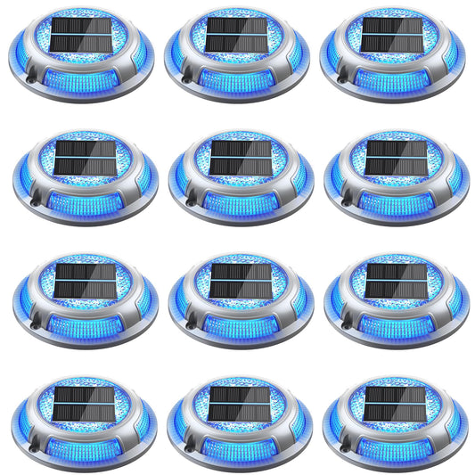 Solar Driveway Lights, 12 Pack Heavy Duty Driveway Lights Solar Powered 2 Color Mode (Cool White/Blue) IP68 Waterproof Outdoor Solar Deck Lights with Ground Stake for Pathway Garden Yard Walkway Dock