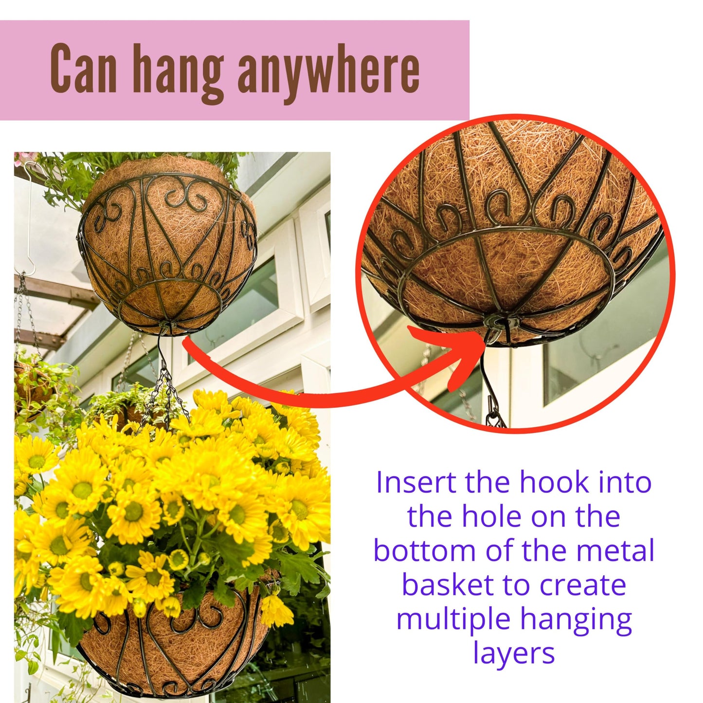 LaLaGreen Hanging Baskets for Plants (10 Inch, 2 Pack) Small Hanging Flower Pots with Coco Liner, Black Metal Wire Round Plant Holder with Hanger Hook Chain Outdoor Deck Patio Balcony Garden Decor