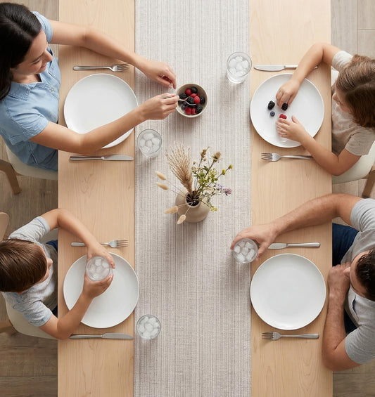 PurpleEssences Chambray Table Runner with Fringes - 100% Cotton, 13x72 Inch - Rustic Farmhouse Table Décor, Reusable, Machine Washable for Dining Tables - Spring Easter Summer - Royal Linen & H.White