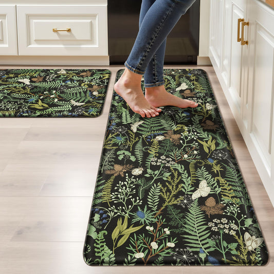 Black Green Botanical Kitchen Rugs Set of 2 Plant Leaf Anti-Fatigue Kitchen Mat Natural Comfort Standing Waterproof PVC Mats 2/5" Thick Leather Carpet for Laundry Office Sink(17.3" x28" + 17.3" x 47")