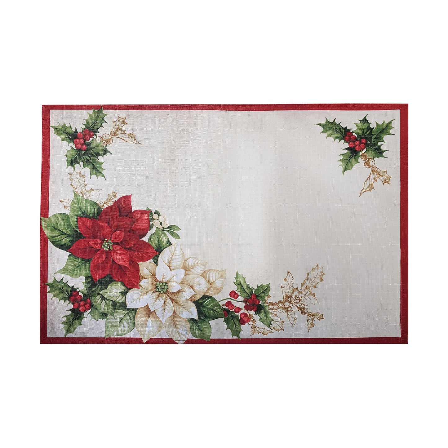 Elrene Home Fashions Red and White Poinsettia Holiday Fabric Placemats, Christmas Mats for Table Decor, 13 Inches x 19 Inches, Set of 4