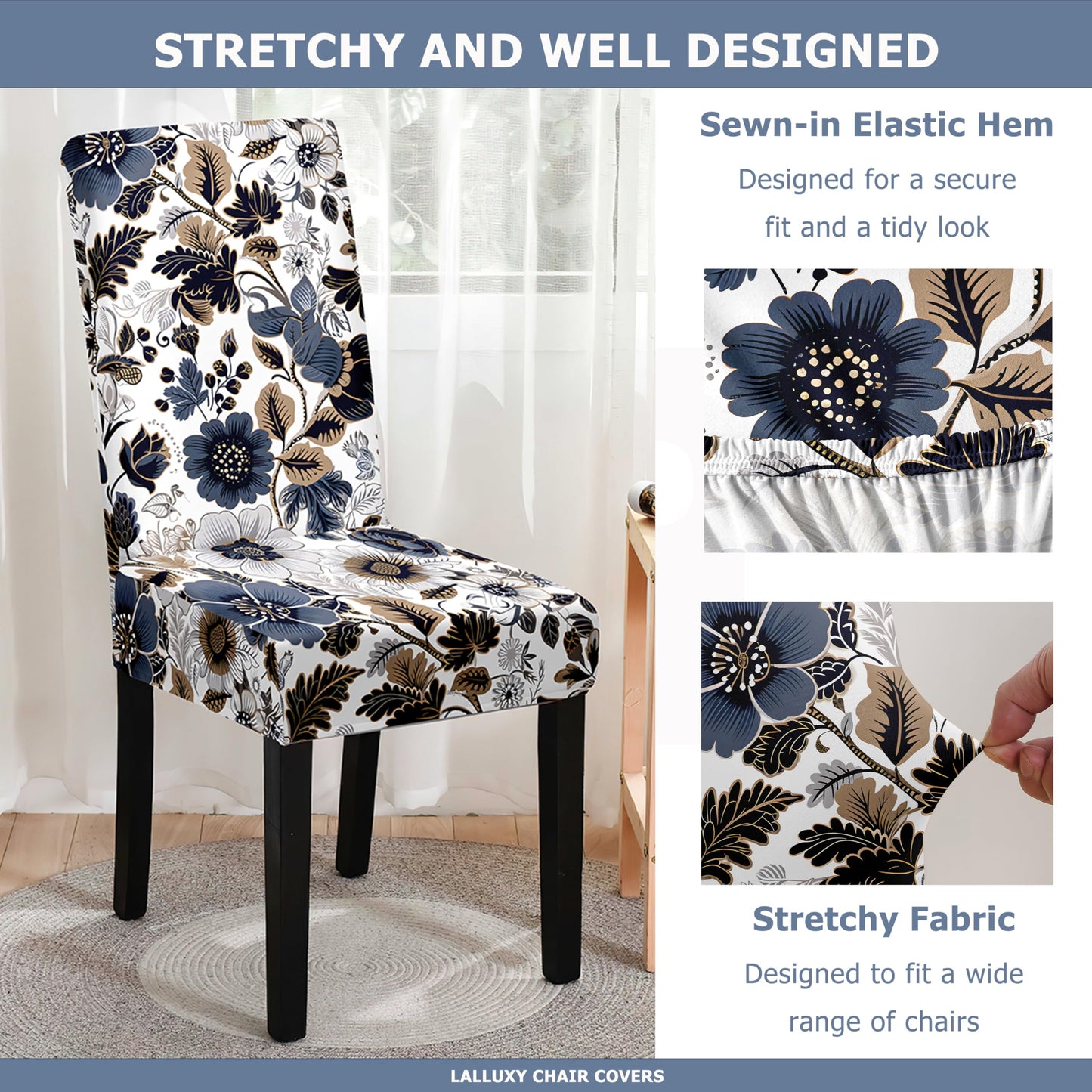 Lalluxy Chair Covers for Dining Chair Set of 4, Stretchy Soft Parson Chair Covers Removable Washable Kitchen Dining Room Chair Slipcovers with Elastic for Universal Fit (Dark Flowers II)