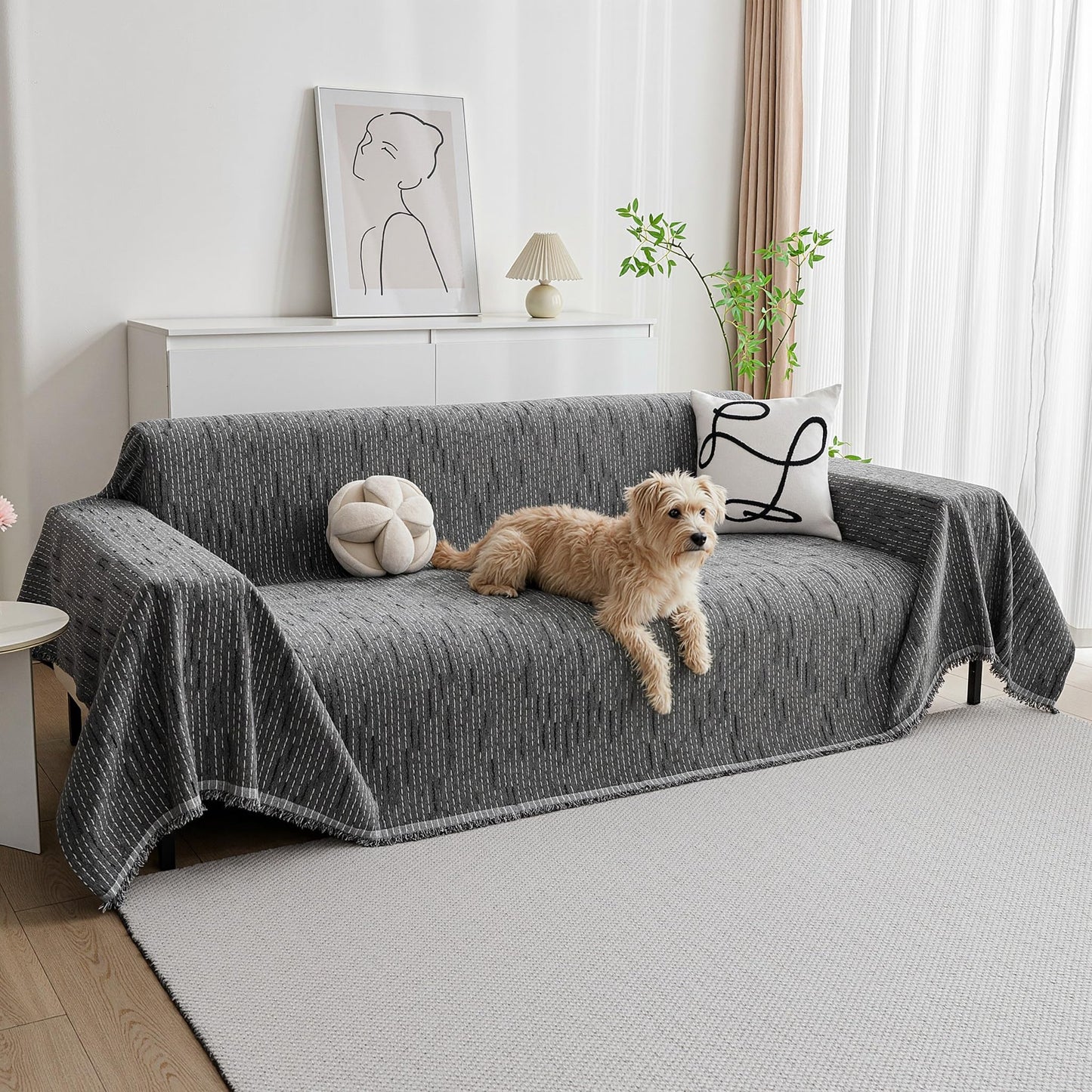 MYSKY HOME Couch Covers for Sofa, Dog Couch Cover Protector, Dark Grey Lines Sofa Covers for Sectional L Shape, Pets Couch Throw Cover Washable Durable Large Couch Cover for Dogs, Cats, 71" X118"
