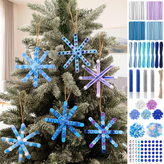 Jetec 25 Set Christmas Snowflake Craft Kit for Kids 6 Styles Christmas Ornament Make Your Own Snowflake with Pom Poms, Glitter Pens, Sequins, Diamond Sticker, Buttons, Cotton Thread for Xmas Tree