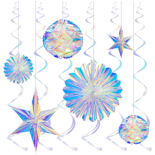 BTSD-home Iridescent Party Decorations with Hanging Honeycomb Ball Decorative Paper Fan Snowflake Garlands Ribbons Disco Party Wedding Birthday Graduation Christmas Celebration Decor Supplies