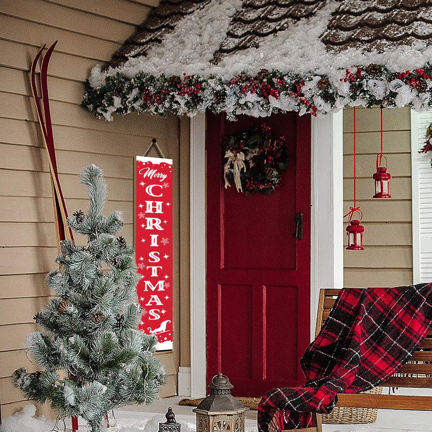 Merry Christmas Wooden Porch Sign 47" Christmas Welcome Signs Front Door Xmas Hanging Decoration Vertical Standing Signs for Home Garden Yard Farmhouse Party Decor