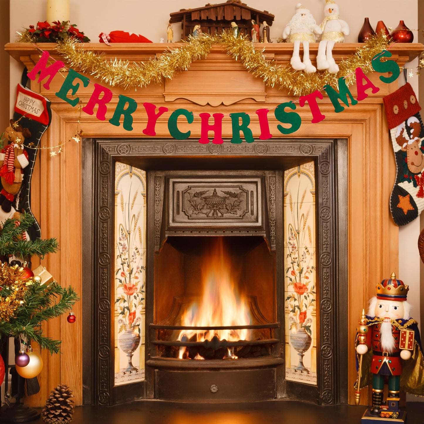 JSDJ Merry Christmas Banner Red Green Wool Felt Garland Christmas Decorations Indoor Happy Holiday Decorations Cute Hanging Decor for Mantel Fireplace Wall, Kids Bedroom, Living Room,Party Supplies