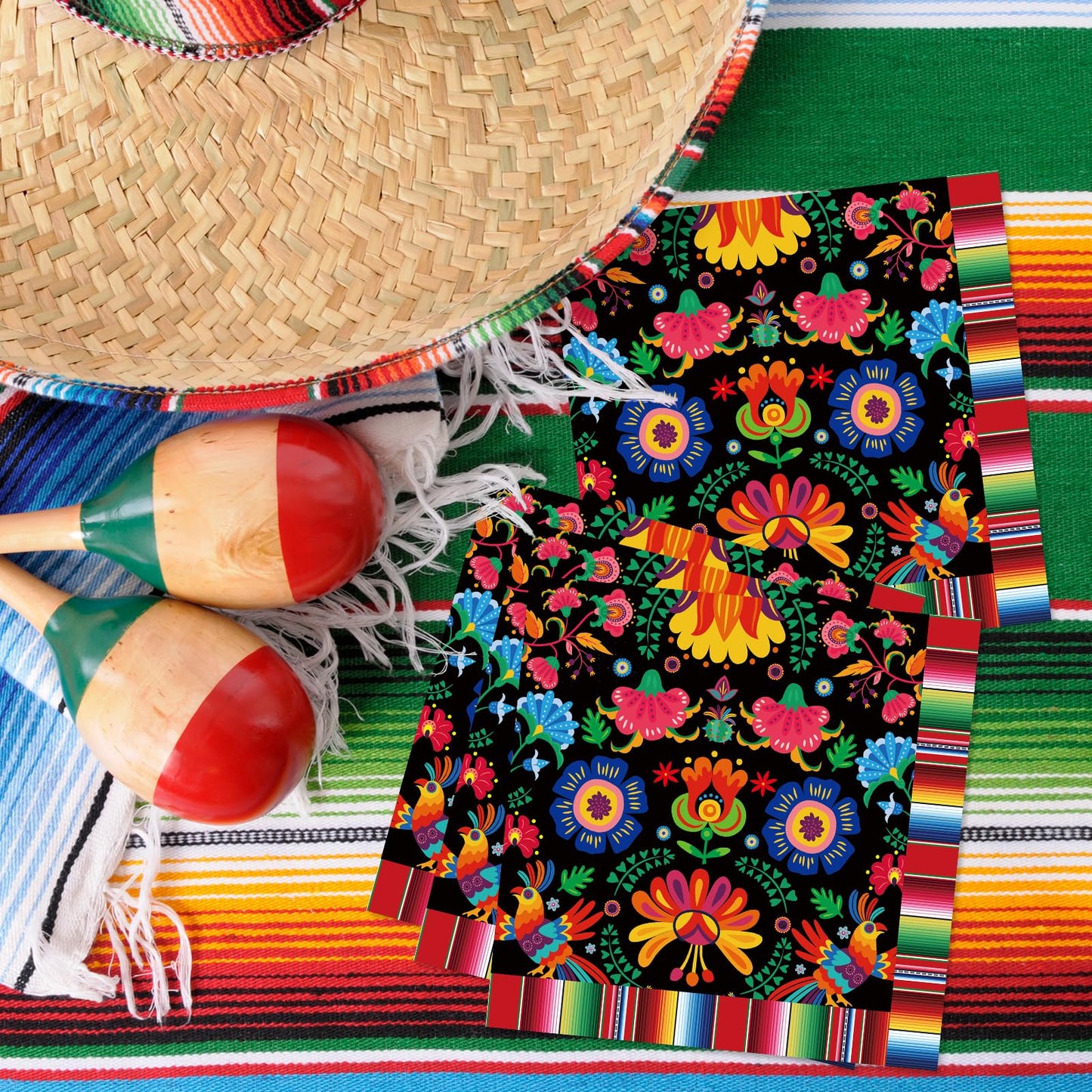 Pack of 50, Mexican Fiesta Napkins, Colorful Floral and Serape Stripe Design, Disposable Paper Napkins for Cinco de Mayo, Taco Night, Birthdays, Mexican-Themed Party Supplies, 13x13 Inches Unfolded