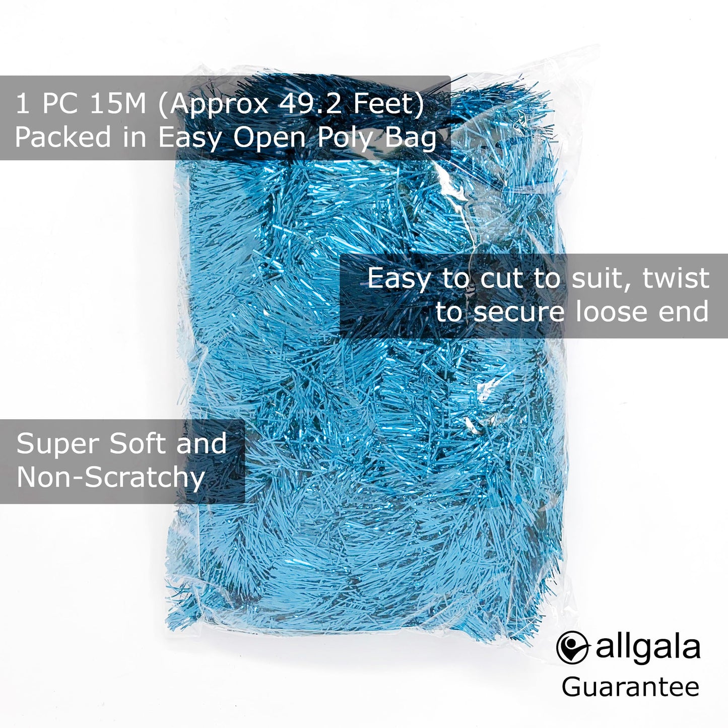 Allgala Light Blue Tinsel Garland, 50 Feet Christmas Metallic Foil Tinsel Garland Decoration for Holiday Tree Walll Rail Home Office Event Fall Thanksgiving Decoration