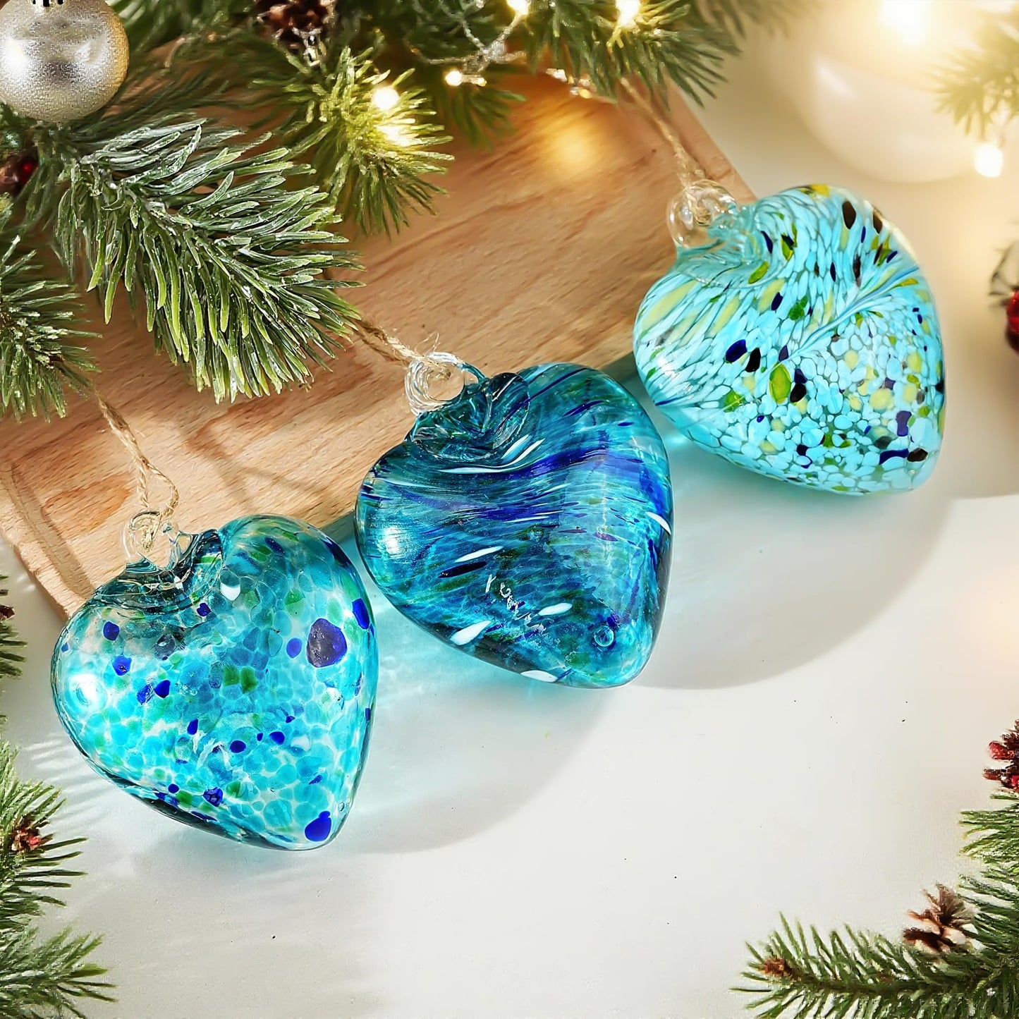 Set of 3 Handmade Glass Heart Ornaments 3.5 Inch Hanging Decoration for Home Garden Wedding Party Decor