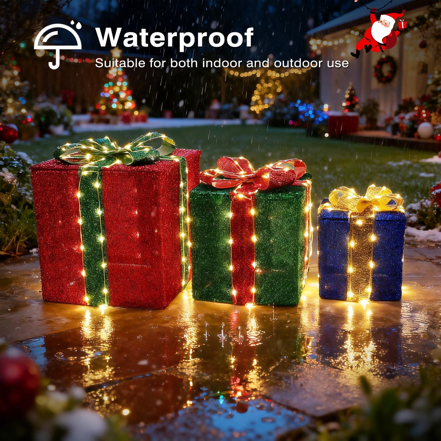 Lomotech Set of 3 Christmas Lighted Gift Boxes - Prel-Lit Gift Boxes with Timer, Lighted Christmas Presents for Xmas Tree, Yard, Holiday, Indoor Christmas Decorations（Small)