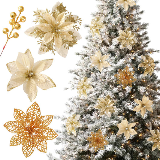 Floweroyal 30pcs Poinsettia Artificial Christmas Flowers Decorations with Clips and Berry Stems Glitter Ornaments for Christmas Tree Wreath Fireplace Stairs Decor (Gold-3 Styles)