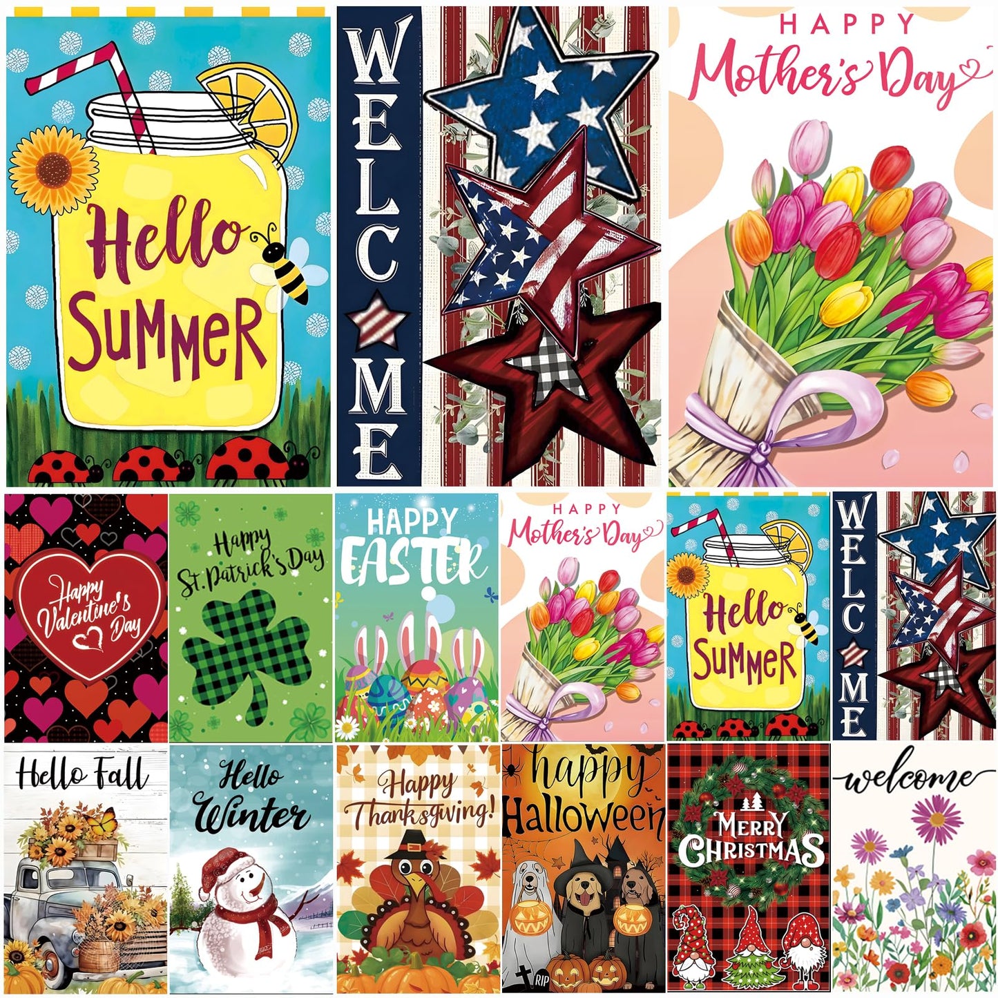 Seasonal Garden Flags Set of 12 Double Sided 12x18 Inch, Small Yard Flags for Outside, Spring Summer Fall Winter & Holiday Outdoor Decor, Halloween Christmas Easter Decorations for All Seasons