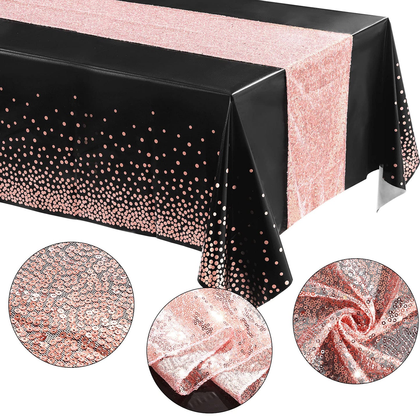 Irenare Tablecloth and Sequin Table Runner Set Polka Dots Confetti Table Cover Dining Plastic Tablecloths Glitter Decorations for Birthday Wedding Anniversary Party Supplies(Black, Rose Gold,2 Pcs)