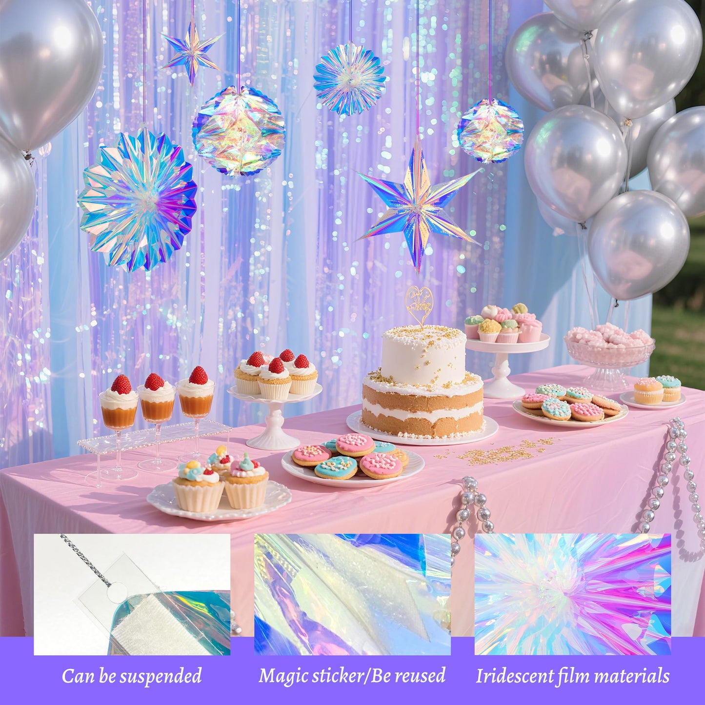 BTSD-home Iridescent Party Decorations, Hanging Honeycomb Balls, Paper Fans & 3D Star Ornaments, Holographic Ceiling Decor for Birthday, Wedding, Baby Shower, Christmas, Disco & Euphoria Theme Parties