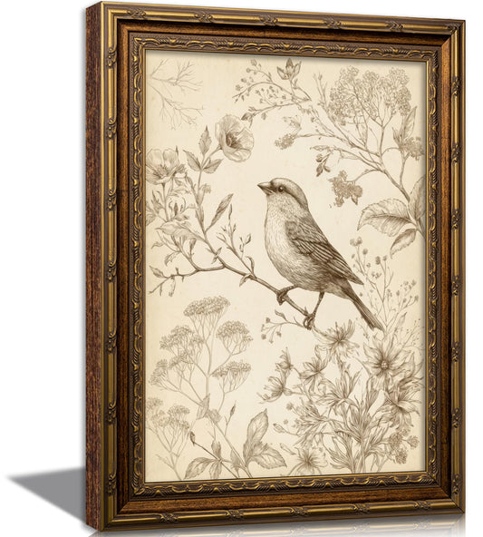 Vintage Gold Framed Bird Canvas Wall Art Retro Farmhouse Sparrow Painting Picture Wall Decor Rustic Floral Botanical Poster Print Artwork for Living Room Bedroom Home Decoration