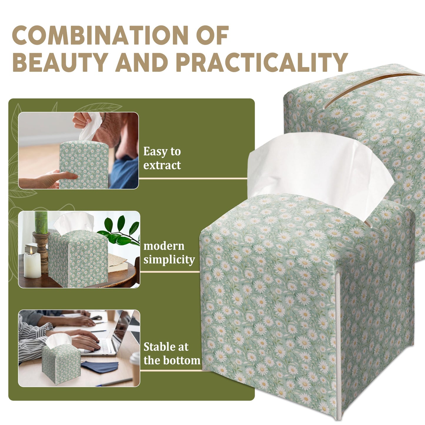 Daisy Sage Floral Decorative Leather Tissue Box Cover - Tissue Box Holder Gifts for Women Family and Friends Funny Unique Home Decor Decorative for Kids Room Kitchen Bathroom Office - A08