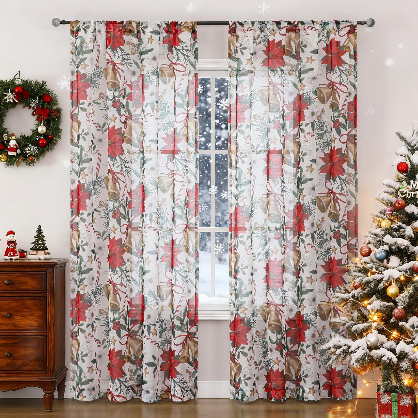 BROSHAN Red and Gold Christmas Sheer Curtains 63 inch Length 2 Panel Set- Xmas Bedroom Window Decoration Curtains in Poinsettias Floral Bells Patterned, Winter Holiday Living Room Curtain Drapes