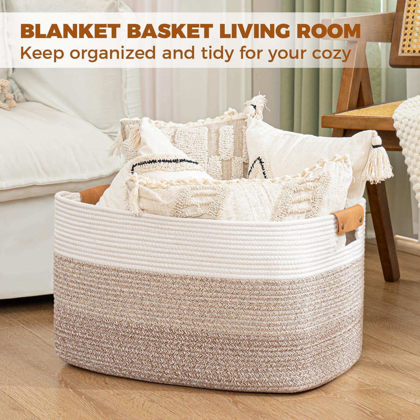 danpinera Blanket Basket, 72L Woven Storage basket with Leather Handle, Eco-friendly Decorative Storage Organization in Bathroom & Living Room for Towels 22 ''*17 ''*11.8 '', Gradient Brown