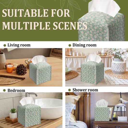 Daisy Sage Floral Decorative Leather Tissue Box Cover - Tissue Box Holder Gifts for Women Family and Friends Funny Unique Home Decor Decorative for Kids Room Kitchen Bathroom Office - A08