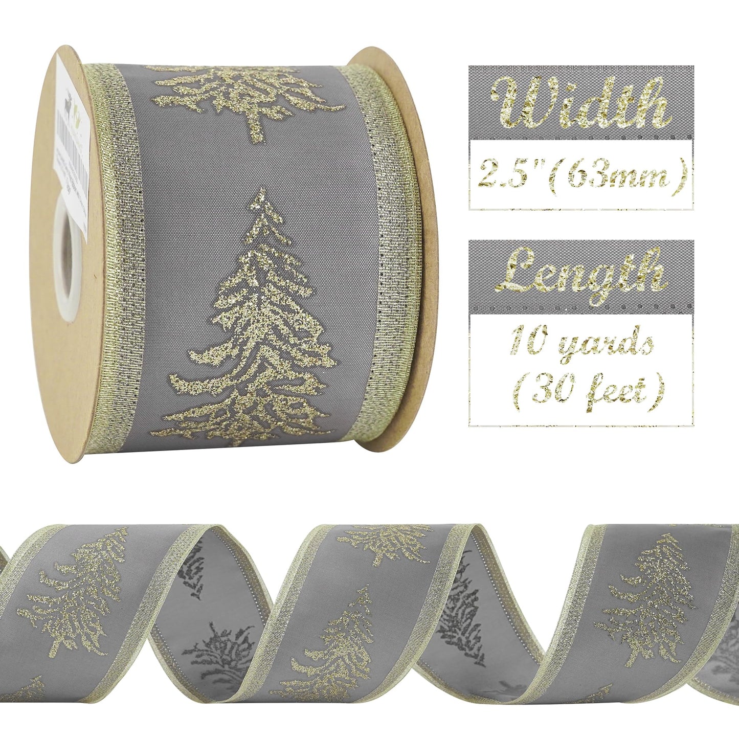 HUIHUANG Gray Satin Wired Christmas Ribbon with Champagne Glitter Trees, 2.5 Inch Wide x 10 Yards (30 Feet) for Christmas Decorations, Garlands, Wreaths, Bows Making, Crafts, Home Decor