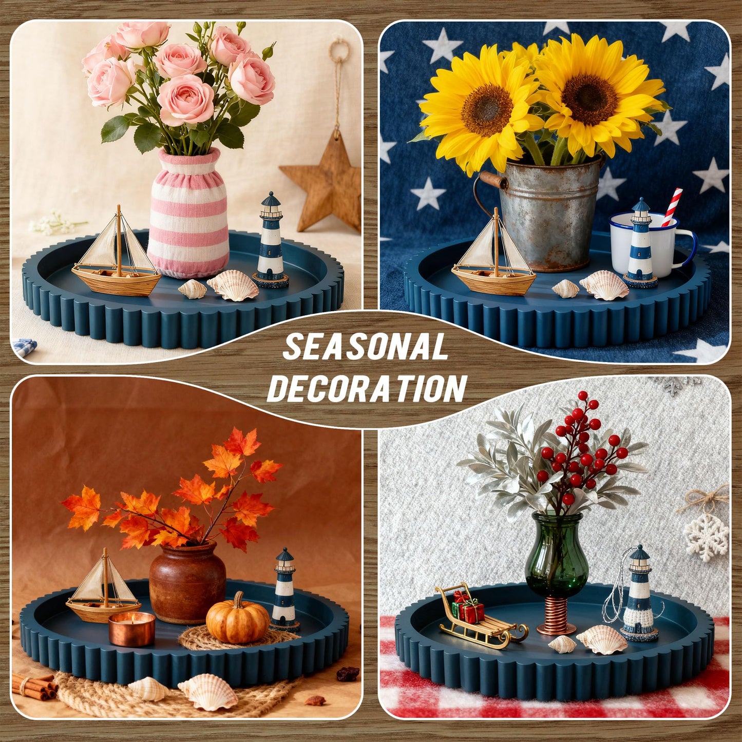 Handmade 12in Decorative Tray for Coffee Table Tray Decor, Blue Wooden Decorative Round Tray for Kitchen, Living Room, Home Decor