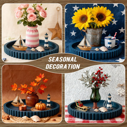 Handmade 12in Decorative Tray for Coffee Table Tray Decor, Blue Wooden Decorative Round Tray for Kitchen, Living Room, Home Decor