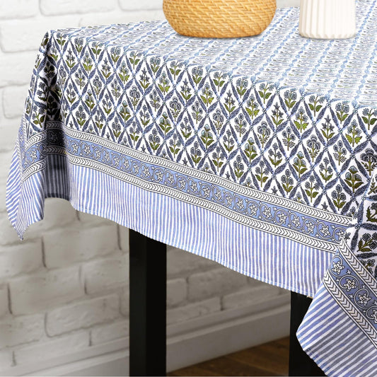 Newtay 60'' x 90'' Cotton Tablecloth Handmade Cotton Floral Tablecloth Washable Print Rectangle Table Cover with Dust Proof Wrinkle Resistant for Kitchen Dining Party Buffe(Light Steel, Blue)