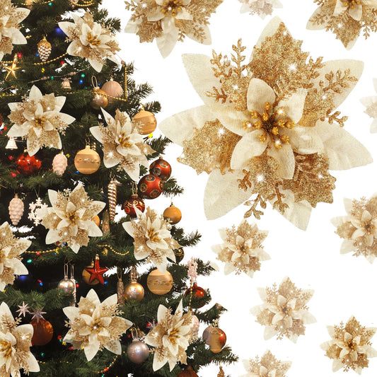 Poinsettia Christmas Decorations Flowers - 12Pcs Artificial Red Gold Poinsettia Christmas Tree Ornaments Glittery for Xmas New Year Wedding Party Wreath DIY Garland Decor (Gold)