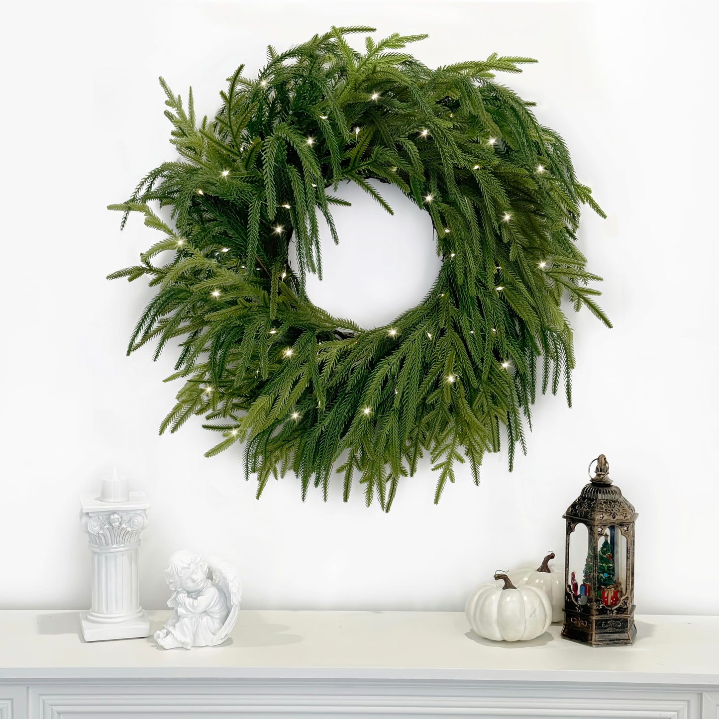 TOKCARE Norfolk Pine Wreaths for Front Door, 26Inch Real Touch Prelit Christmas Wreath with Lights 40 LED Green Faux Pine Wreath for Wall Windows Mantle Outdoor Christmas Decoration