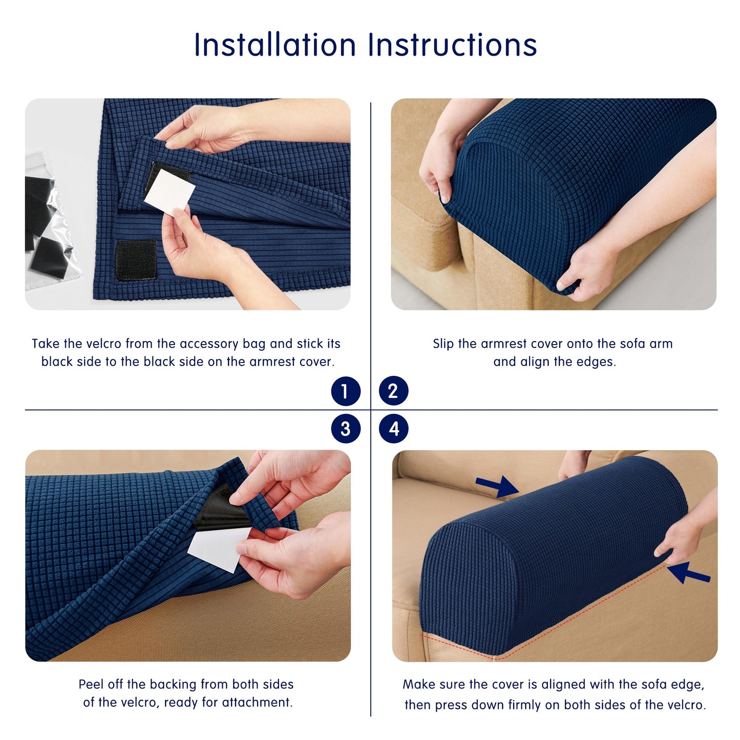 SUBRTEX Stretch Couch Arm Covers Set of 2, Checkered Sofa Arm Slipcovers, Anti-Slip Armrest Covers for Recliner and Armchairs, Pet Proof, High Stretchy, Hook & Loop Tape, Navy